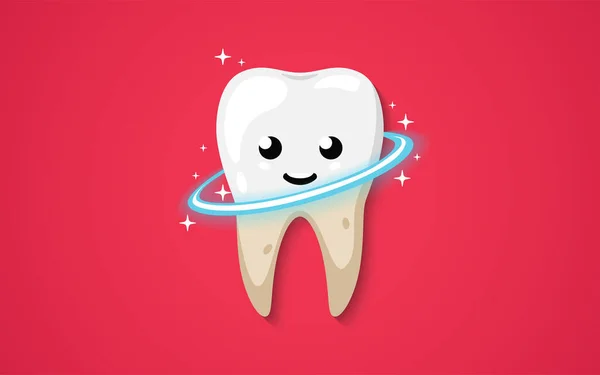Ząb Odizolowany Czerwonym Tle Proces Czyszczenia Brudny Ząb Czysty Szczęśliwy — Wektor stockowy