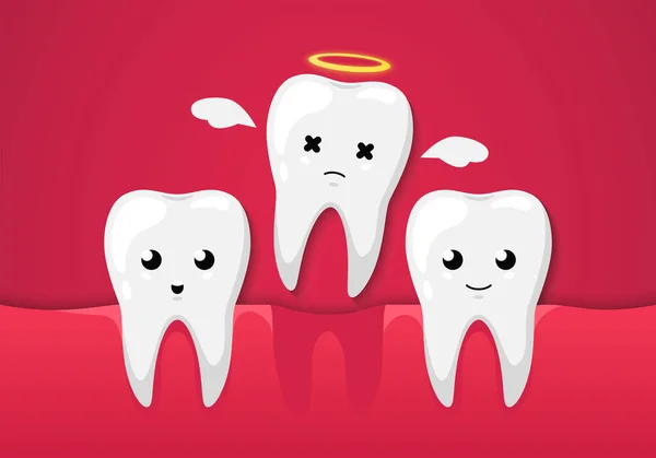 歯は赤い背景に隔離されています かわいい漫画のキャラクター 歯がない歯の病気だ 歯の健康 シンプルな漫画のデザイン 平面図ベクトル図 — ストックベクタ