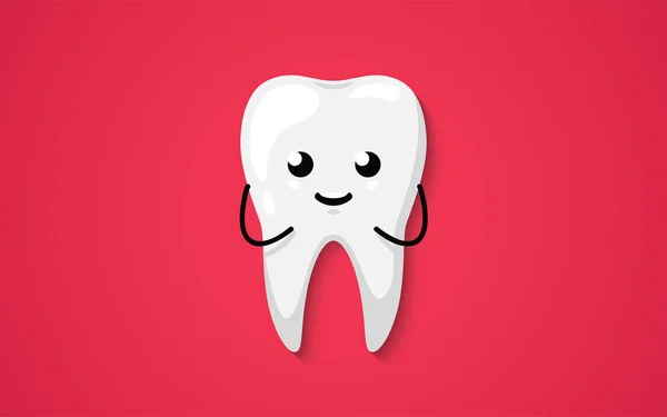 Ząb Odizolowany Czerwonym Tle Czysty Szczęśliwy Uśmiechnięty Ładna Postać Kreskówki — Wektor stockowy