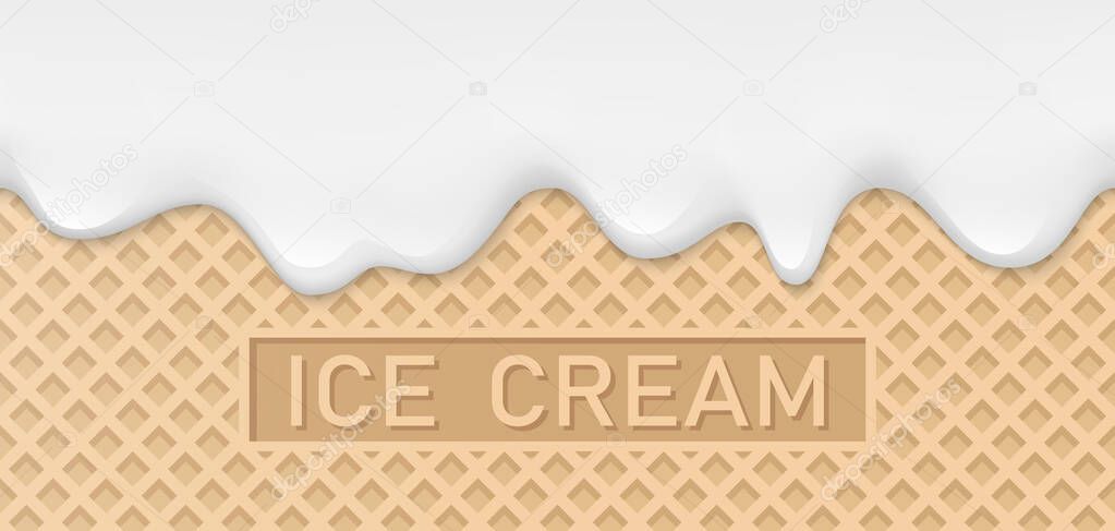 Creamy liquid, yogurt cream, ice cream or milk melting and flowing on a waffle. White creamy drips. Simple cartoon design. Background, template for banner or poster. Realistic vector illustration.