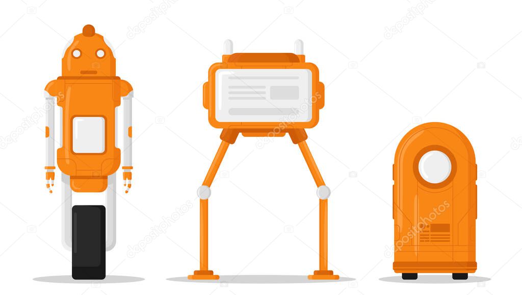 Robots set isolated on white background. Funny cartoon characters. Simple modern icon and logo. Beautiful cute realistic bot. Flat style vector illustration.