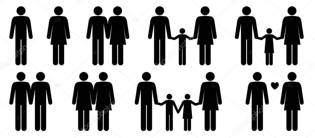 Set of stick people in different poses isolated on white background. Different types of families. Simple design stick figures. Black and white Icon or logo. Flat style vector illustration.