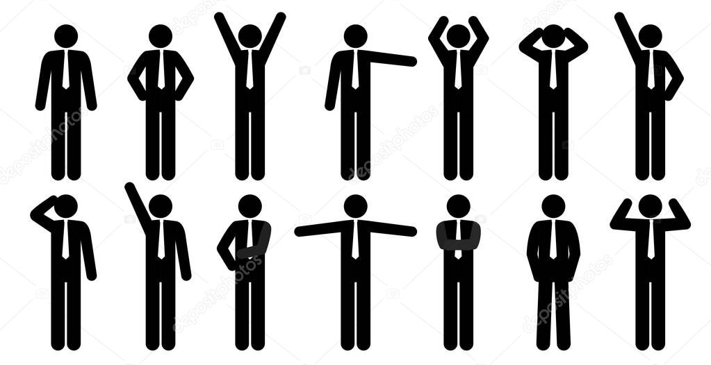 Set of stick people in different poses isolated on white background. Simple design stick figures. Black and white Icon or logo. Flat style vector illustration.