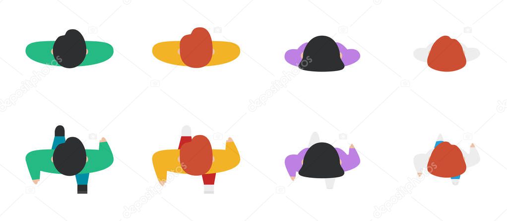 Top view of people set isolated on a white background. Men and women. View from above. Male and female characters. Simple cartoon design. Flat style vector illustration.