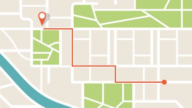 Şehir haritası navigasyonu. GPS navigatörü. Puan simgesi simgesi. Üst manzara, yukarıdan görüş. Soyut arkaplan. Basit, şirin bir tasarım. Düz biçim vektör illüstrasyonu.