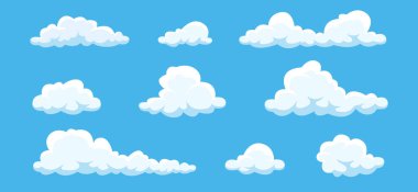 Bulutlar mavi arka planda izole edildi. Basit bir çizgi film tasarımı. Simge ya da logo koleksiyonu. Gerçekçi unsurlar. Düz biçim vektör illüstrasyonu.