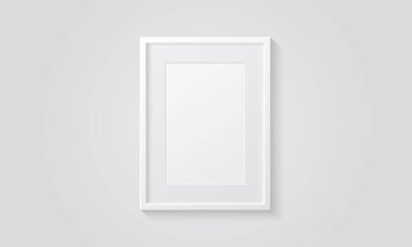 Resim çerçevesi bir duvarda izole edilmiş. Beyaz renk. Gerçekçi modern şablon. A4 dikey biçimi. Fotoğraf ya da fotoğraf için hazırlan. Güzel, en az temiz tasarım. Eps 10 vektör illüstrasyonu.