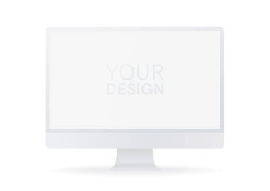 Bilgisayar monitörü şablonu izole edildi. Beyaz renk. Düz stil bilgisayar sınırı. Basit modern renkli tasarım. Boş ekranlı gerçekçi cihaz konsepti. Bilgisayar uygulaması için UI. Vektör illüstrasyonu.