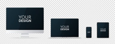 Aletler, cihazlar ayarlandı. Telefon, dizüstü bilgisayar, bilgisayar, tablet. Düz stil kenar. Boş ekranlı gerçekçi bir kavram. Basit modern renkli tasarım. Siyah ve beyaz renkler. Vektör illüstrasyonu.