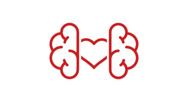 Beyin ve kalp arka planda izole edilmiş. Beyin aşık olmuş. Duygular ve rasyonellik arasındaki çatışma. Simge ya da logo. Kırmızı renk. Basit modern tasarım. Sevgililer Günü. Düz biçim vektör illüstrasyonu.