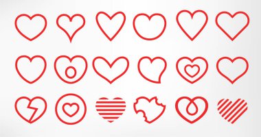 Kalpler beyaz arka planda izole edilmiş. Basit modern tasarım. Satır simgeleri, işaretler veya logolar. Kırmızı renk. Sevgililer Günü 'nün nesneleri. Düz biçim vektör illüstrasyonu.