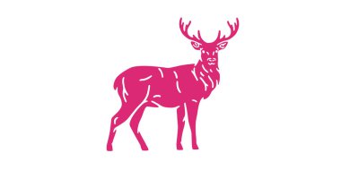 Geyik logosu. Çiftlik şablonu. Basit karikatür tasarımı simgesi, amblem. Yandan bak, profil. Gerçekçi bir siluet. Düz biçim vektör illüstrasyonu.