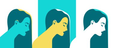 - Kadın. İnsan silueti. Tarzlı retro tarzı. Pop sanatçılar. Profilde yan görünüm. Renkli şablon. Basit gerçekçi asgari tasarım. Kadın karakteri. Düz biçim vektör illüstrasyonu.