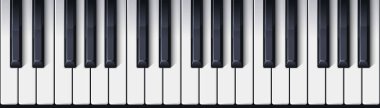 Piyano klavyesi kusursuz. Üst Manzara. Gerçekçi, gölgeli piyano tuşları. Basit, güzel bir tasarım. Müzikal arka plan. Müzik aleti. Düz biçim vektör illüstrasyonu.