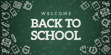 Okula dönelim. Yeşil karatahta geçmişi. Okul, ofis malzemeleri. Karalama simgeleri ayarlandı ve tebeşirle yazıldı. Basit gerçekçi tasarım. Pankart, poster şablonu. Düz biçim vektör illüstrasyonu.