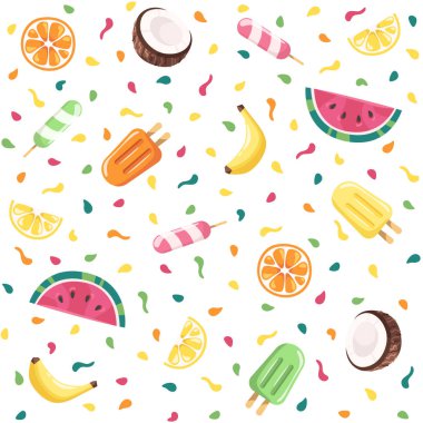 Kusursuz yaz şablonu. Parlak renkli turunçgil meyveleri, dondurma, hindistan cevizi, karpuz, muz. Sarı, kırmızı, turuncu renkler. Basit modern tasarım. Tropikal arka plan. Düz biçim vektör illüstrasyonu.