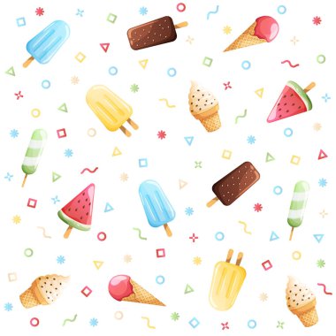 Kusursuz yaz şablonu. Parlak renkli dondurmalar seti. Sarı, kırmızı, turuncu renkler. Basit modern tasarım. Tropikal arka plan. Karpuzlu dondurma. Düz biçim vektör illüstrasyonu.