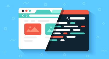 Renkli web tarayıcı penceresi izole edildi. Tasarım ve kod. Web gelişimi. Basit tasarım ayrıntılı simgesi. Renkli şablon. Gerçekçi bir kavram. Güzel arka plan. Düz biçim çizgi film vektör çizimi.