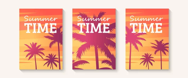 Fondo Tropical Verano Folleto Portada Banners Plantilla Palmas Siluetas Playa — Vector de stock