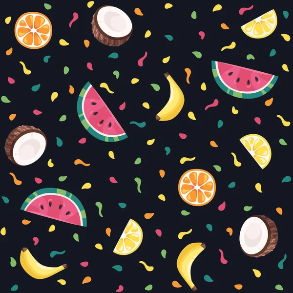 Nahtloses Sommermuster Bunte Zitrusfrüchte Eis Kokosnuss Wassermelone Banane Gelbe Rote — Stockvektor
