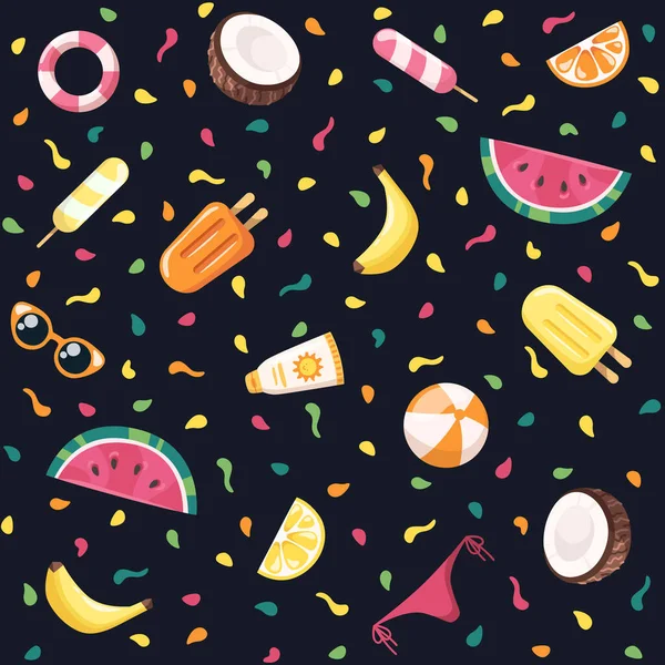 Бесшовный Летний Узор Яркие Цветные Цитрусовые Мороженое Кокос Арбуз Банан — стоковый вектор