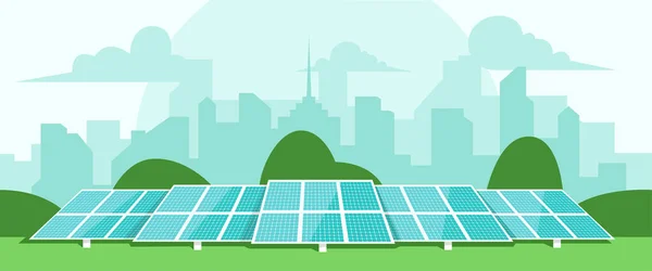 Energia Solar Pilhas Solares Meio Campo Verde Sílhueta Cidade Parte — Vetor de Stock