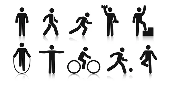 Çubuk sporu. Duruş stickman. İnsanlar spor ikonları seti kurar. Farklı pozlarda ve pozisyonlarda, egzersiz yapan bir adam. Siyah siluet. Basit, sevimli, modern tasarım. Düz biçim vektör illüstrasyonu.