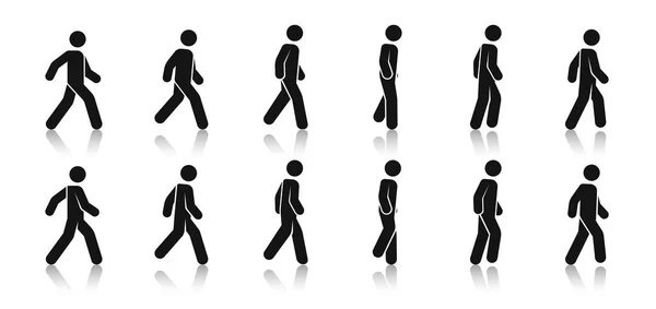 棒のフィギュアウォーク 歩くアニメーション 姿勢を崩さない 人々のアイコンを設定します 異なるポーズと位置の男 黒のシルエット シンプルなかわいいモダンなデザイン 平面図ベクトル図 — ストックベクタ