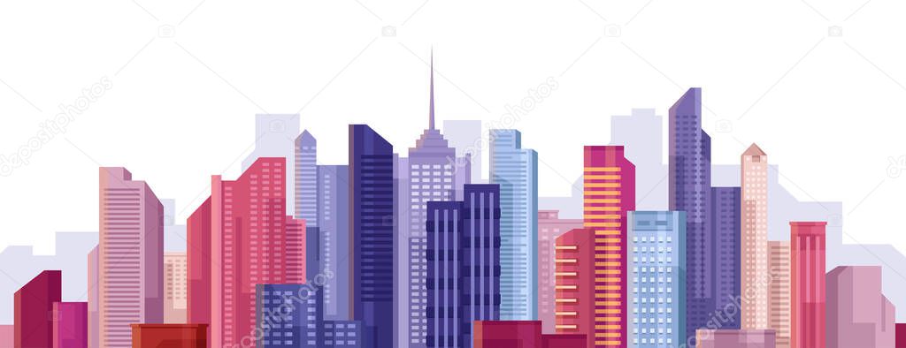 Cityscape. City landscape. Buildings panorama. Simple modern cartoon design. Realistic silhouette. Urban view with skyscrapers. Beautiful colorful template. Flat style vector illustration.