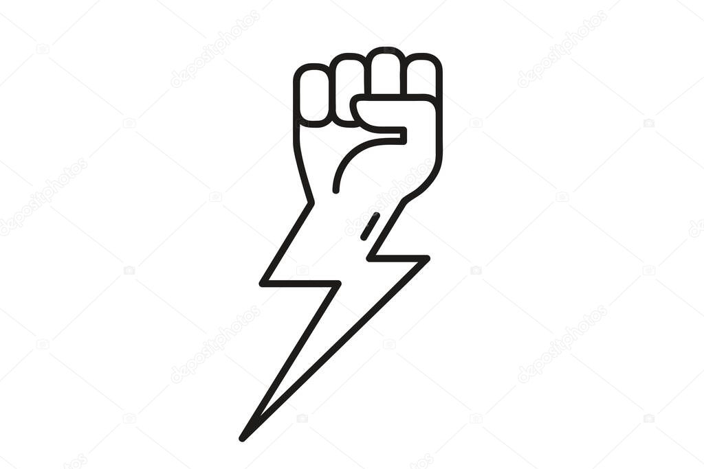Fist and lightning icon. Symbol of unity, revolution, protest, cooperation, power, energy. Line icon or logo. Cute simple cartoon design. Flat style vector illustration.