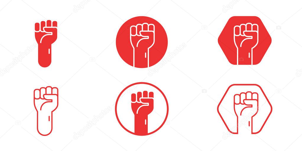 Raised fists, hands up. Symbol of unity, revolution, protest, cooperation, power. Red color icons and logo. Cute simple cartoon design. Flat style vector illustration.