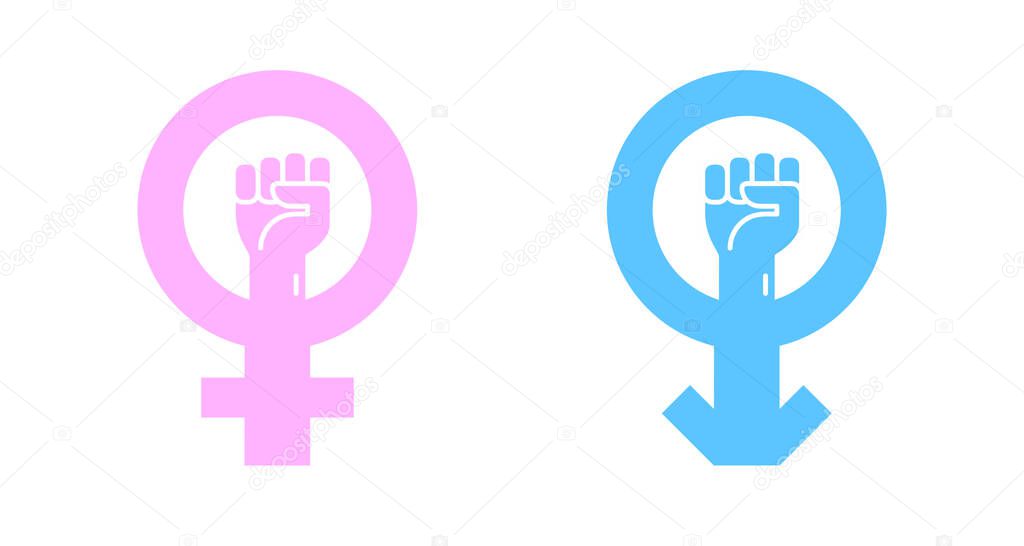 Gender icons isolated on a white backgrounds. Male and female, man and woman symbols. Blue and pink colors. Raise fists. Simple cute design. Flat style vector illustration.