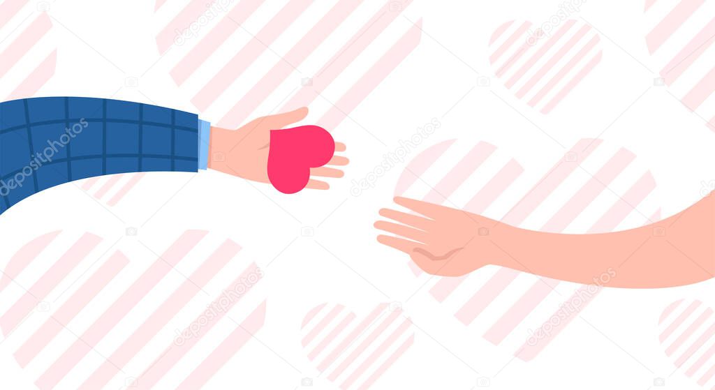 Hands with hearts. Charity and donation concept. Sharing love. Valentine's day. Cute simple design. Beautiful background, greeting card. Hand holding heart symbol. Flat style vector illustration.