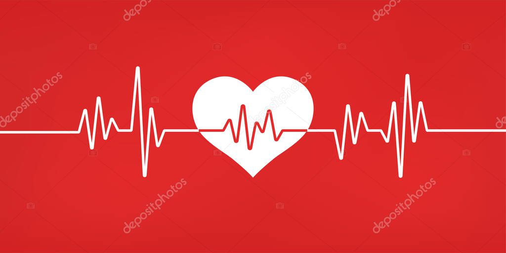 Heart pulse. Red and white colors. Heartbeat lone, cardiogram. Beautiful healthcare, medical background. Modern simple design. Icon. sign or logo. Flat style vector illustration.
