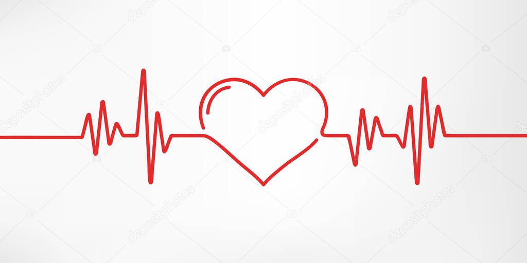 Heart pulse. Red and white colors. Heartbeat lone, cardiogram. Beautiful healthcare, medical background. Modern simple design. Icon. sign or logo. Flat style vector illustration.