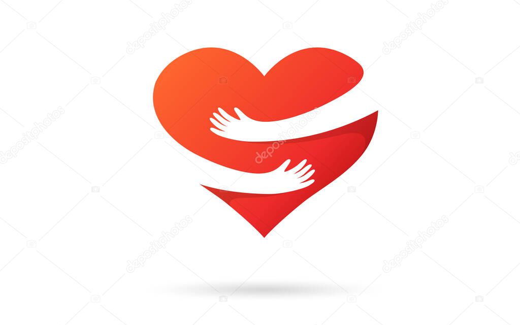 Hugging heart isolated on a white background. Heart with hands. Red color. Love symbol. Hug yourself. Love yourself. Valentine's day. Icon or logo. Cute modern design. Flat style vector illustration.