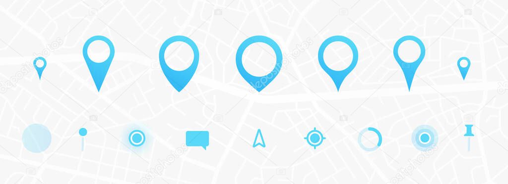 GPS interface elements set. City map navigation. GPS navigator. Point marker icon. Top view, view from above. UX/UI. Abstract background. Cute simple design. Flat style vector illustration.