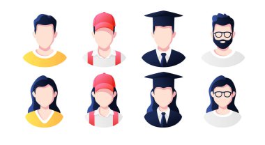 Mesleği, mesleği, insanların avatarlarını ayarlamak. Teslimatçı, öğrenci, mezun, programcı. Profil resim simgeleri. Erkek ve kadın yüzleri. Sevimli çizgi film modern basit tasarım. Düz biçim vektör illüstrasyonu.