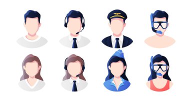 Profession, occupation people avatars set. Support, pilot, stewardess, vacationers. Profile picture icons. Male and female faces. Cute cartoon modern simple design. Flat style vector illustration. clipart