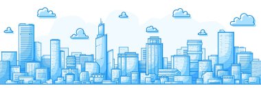 Kusursuz şehir manzarası. Binalarla dolu şehir manzarası. Basit mavi arka plan. Şehir silueti. Çizgi çalışması. Güzel şablon. Katmanlı modern şehir. Düz biçim vektör illüstrasyonu.