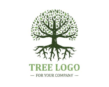 Beyaz arka planda ağaç logosu var. Klasik tasarım. Yeşil ve kahverengi renkler. Mektup. Mesaj için yer var. Yapraklar ve kökler. Basit modern konsept. Çember şeklinde. Düz biçim vektör illüstrasyonu.