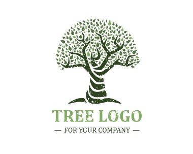 Beyaz arka planda ağaç logosu var. Klasik tasarım. Yeşil ve kahverengi renkler. Mektup. Mesaj için yer var. Yapraklar ve kökler. Basit modern konsept. Çember şeklinde. Düz biçim vektör illüstrasyonu.