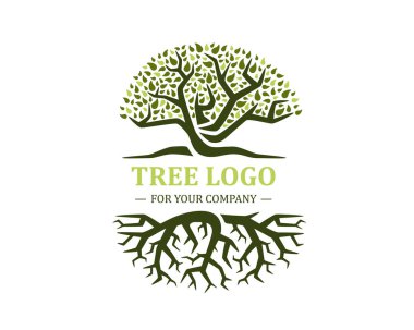 Beyaz arka planda izole edilmiş ağaç logosu. Klasik tasarım. Yeşil ve kahverengi renkler. Mektup. Mesaj için yer var. Yapraklar ve kökler. Basit modern konsept. Düz biçim vektör illüstrasyonu.