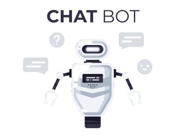 Robot izole edildi. Tatlı çizgi film sohbet robotu tasarımı. Robot oyuncak. Komik, basit bir karakter. Şehir modern şablonu. Retro vintage tasarım. Gerçekçi 3 boyutlu nesne. Düz biçim vektör illüstrasyonu.