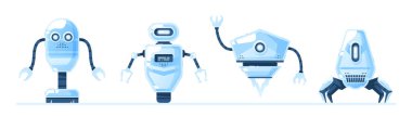 Robotlar izole edildi. Güzel karikatür tasarımı. Robot oyuncak koleksiyonu. Komik basit karakterler. Şehir modern şablonu. Retro vintage tasarım. Gerçekçi 3 boyutlu nesneler. Düz biçim vektör illüstrasyonu.