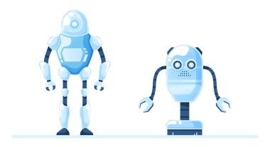 Robotlar izole edildi. Güzel karikatür tasarımı. Robot oyuncak koleksiyonu. Komik basit karakterler. Şehir modern şablonu. Retro vintage tasarım. Gerçekçi 3 boyutlu nesneler. Düz biçim vektör illüstrasyonu.