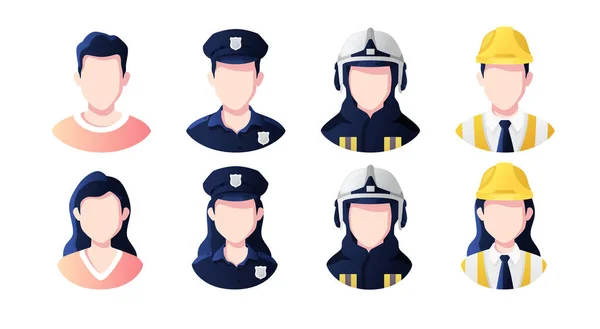 Profession, occupation people avatars set. Policeman, builder, fireman. Profile picture icons. Male and female faces. Cute cartoon modern simple design. Flat style vector illustration.