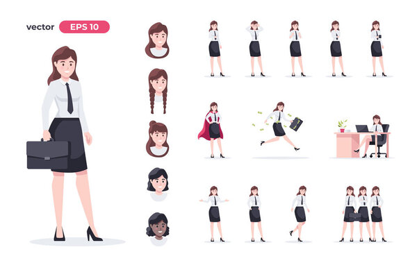 Businesswoman set. Woman in the workplace. Office worker in suit. Cartoon people in different poses and actions. Cute female character for animation. Simple design. Flat style vector illustration.