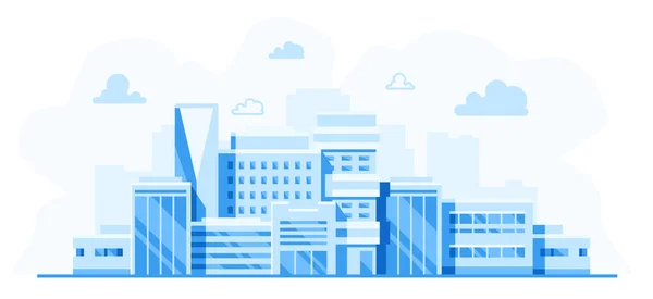 Městská Krajina Cityscape Budovami Jednoduché Modré Pozadí Městská Silueta Linkové — Stockový vektor