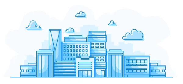Městská Krajina Cityscape Budovami Jednoduché Modré Pozadí Městská Silueta Linkové — Stockový vektor